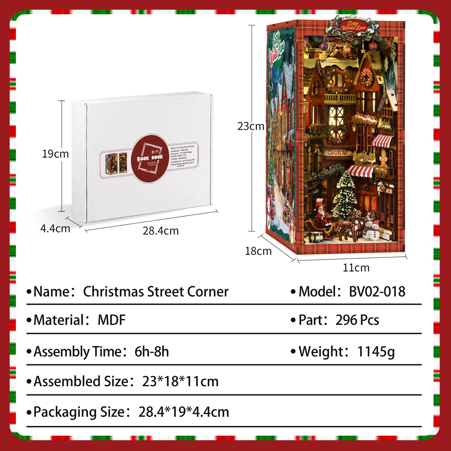 DIY Christmas Book Nook Kit – Cozy Winter Village Bookshelf Insert with LED Lights