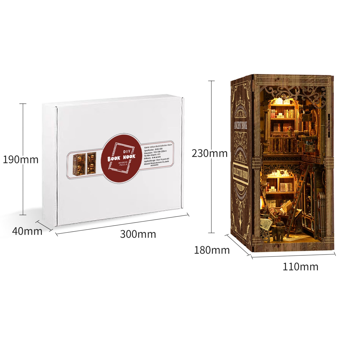 DIY Book Nook Kit – Vintage Library Bookshelf Insert with LED Lights