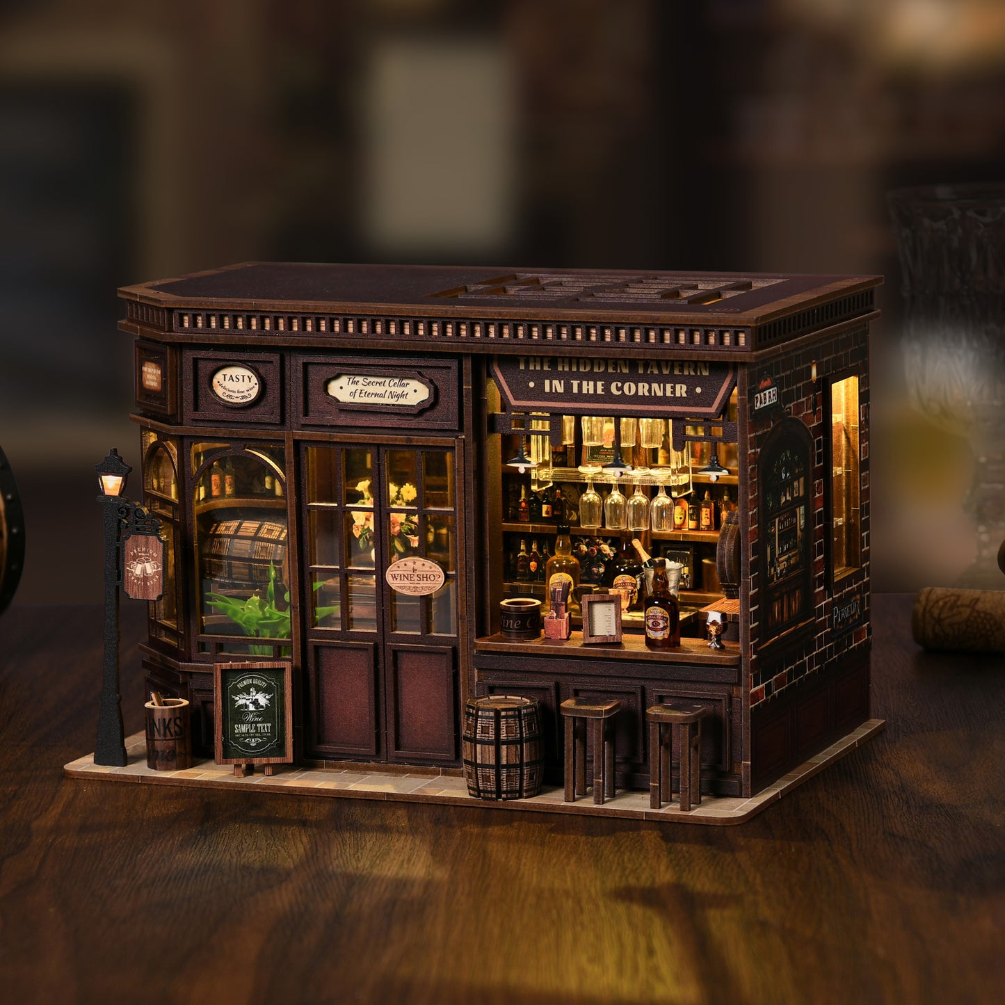 DIY Miniature Dollhouse Kit – Vintage Tavern Bar with LED Lights