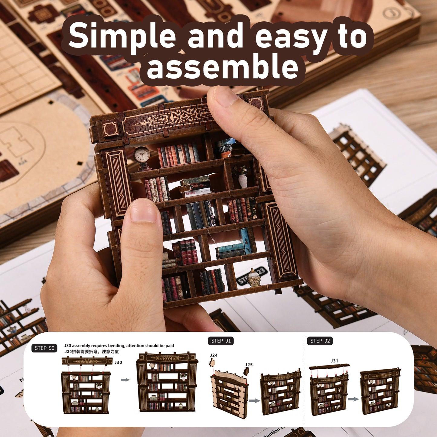 ※DIY Wooden Dollhouse Miniature Kit – Vintage Library with LED Lights