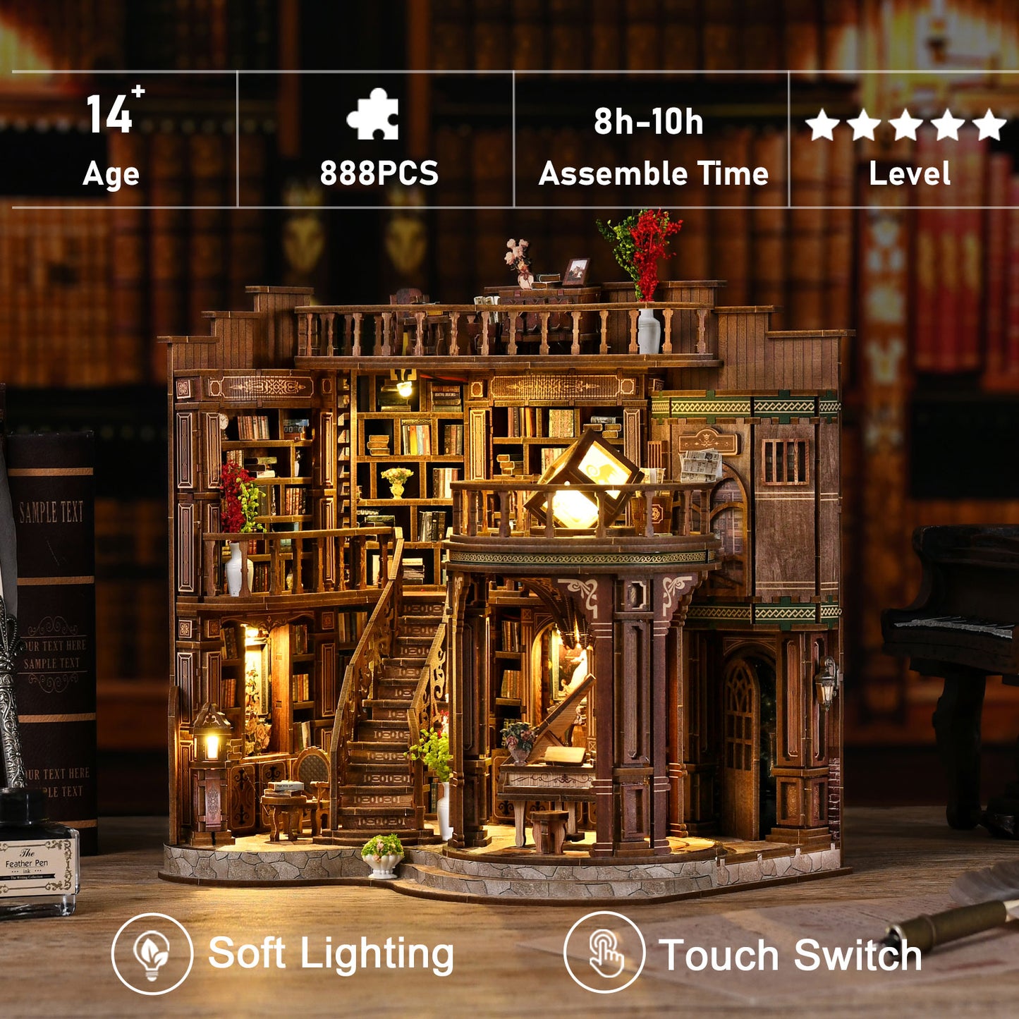 ※DIY Wooden Dollhouse Miniature Kit – Vintage Library with LED Lights