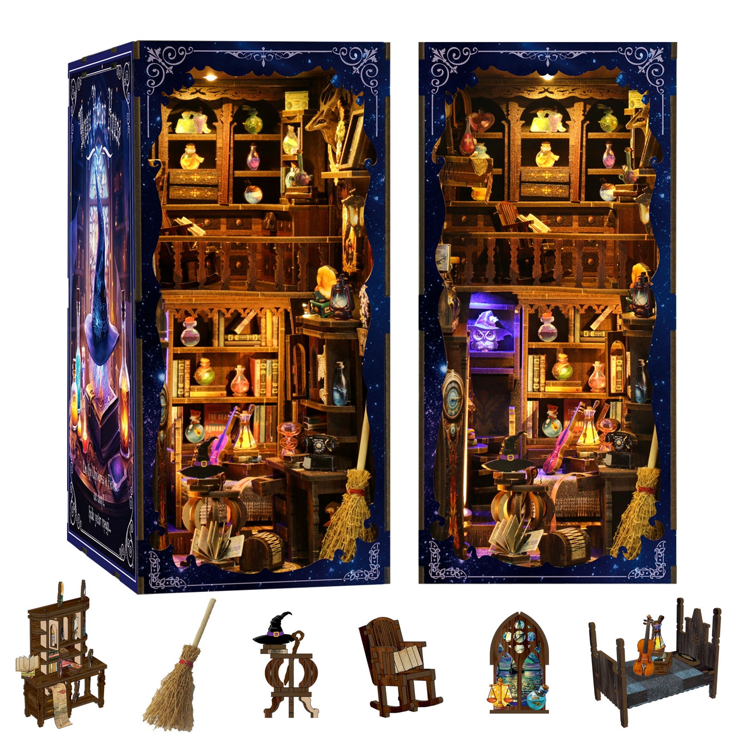 DIY Book Nook Kit – Wizard Magic Study Bookshelf Insert with LED Lights