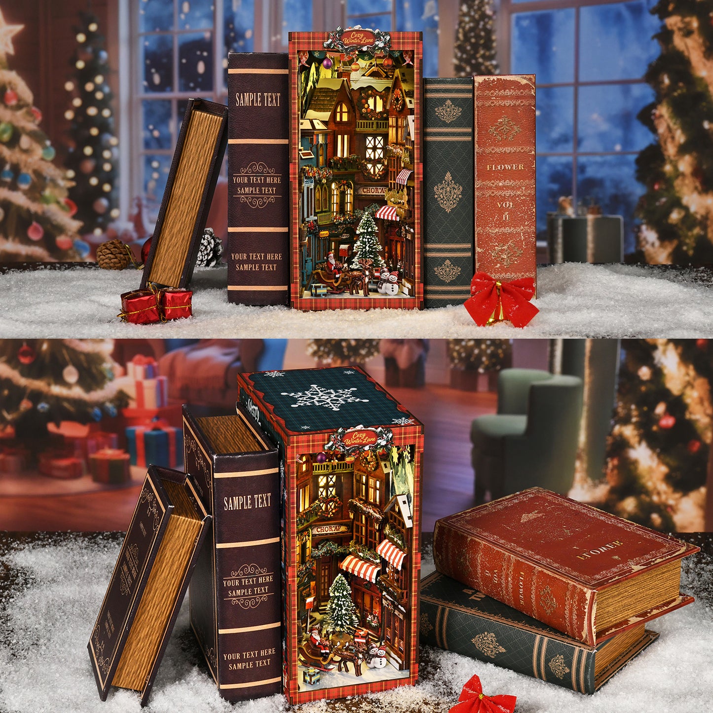 DIY Christmas Book Nook Kit – Cozy Winter Village Bookshelf Insert with LED Lights