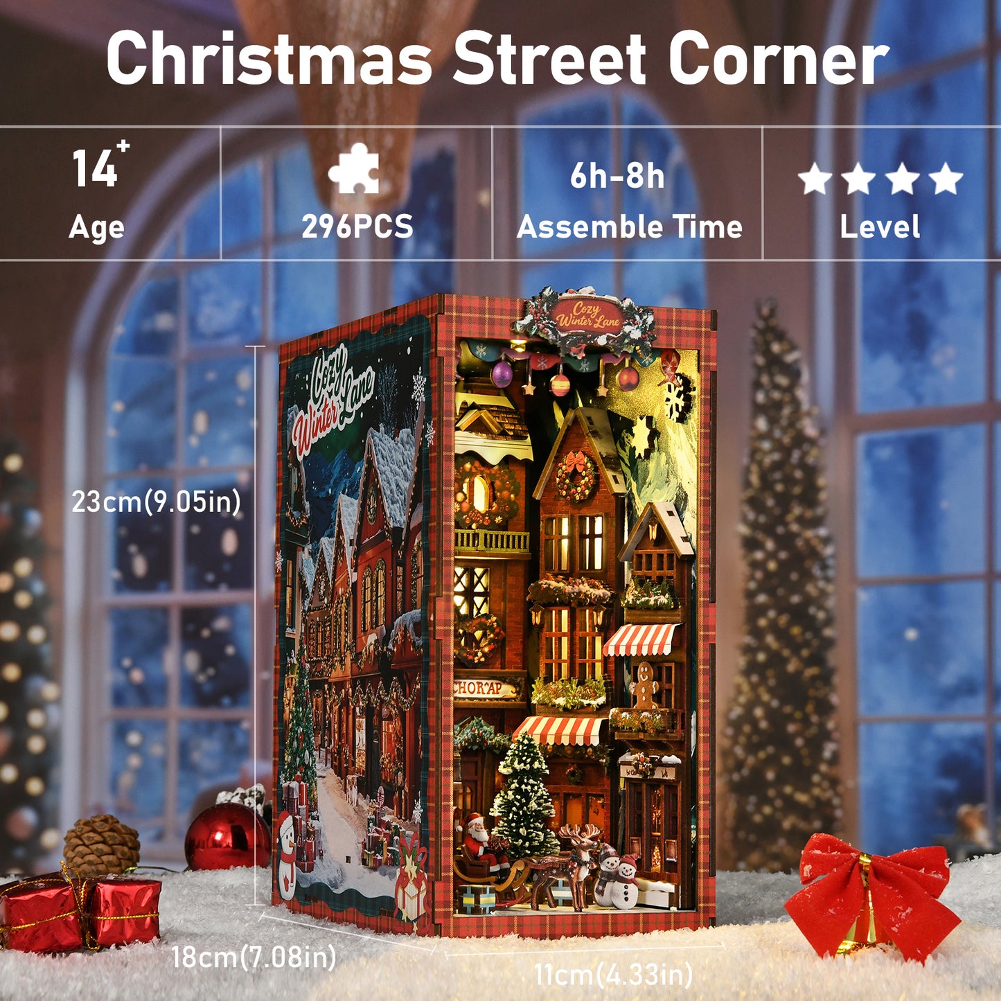 DIY Christmas Book Nook Kit – Cozy Winter Village Bookshelf Insert with LED Lights