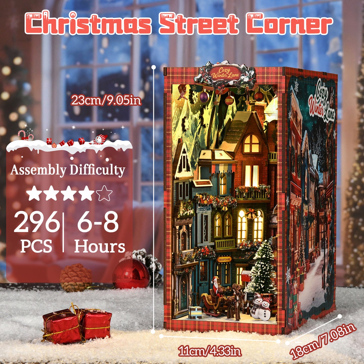 DIY Christmas Book Nook Kit – Cozy Winter Village Bookshelf Insert with LED Lights