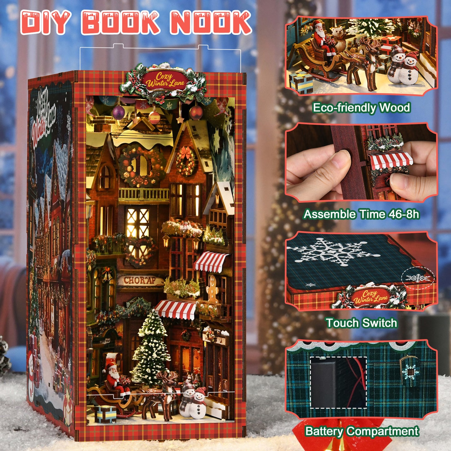 DIY Christmas Book Nook Kit – Cozy Winter Village Bookshelf Insert with LED Lights