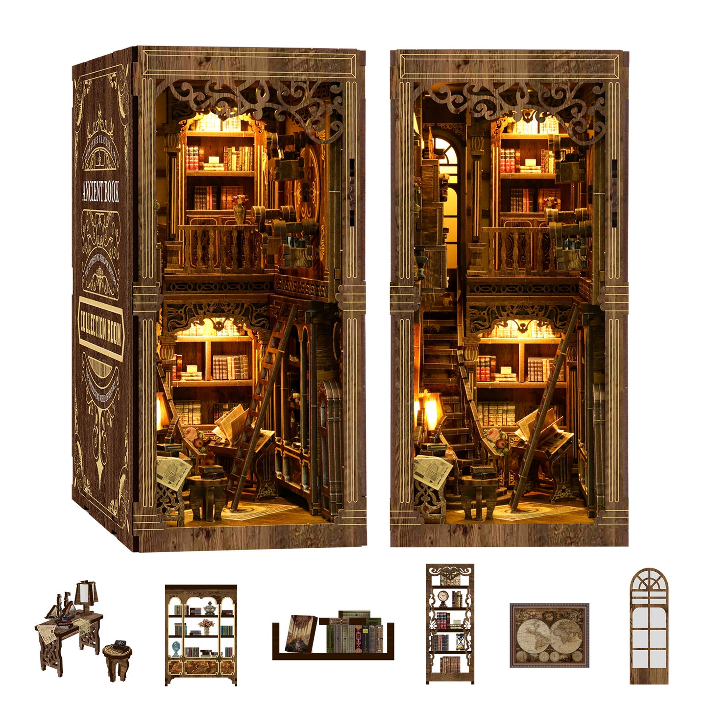 DIY Book Nook Kit – Vintage Library Bookshelf Insert with LED Lights