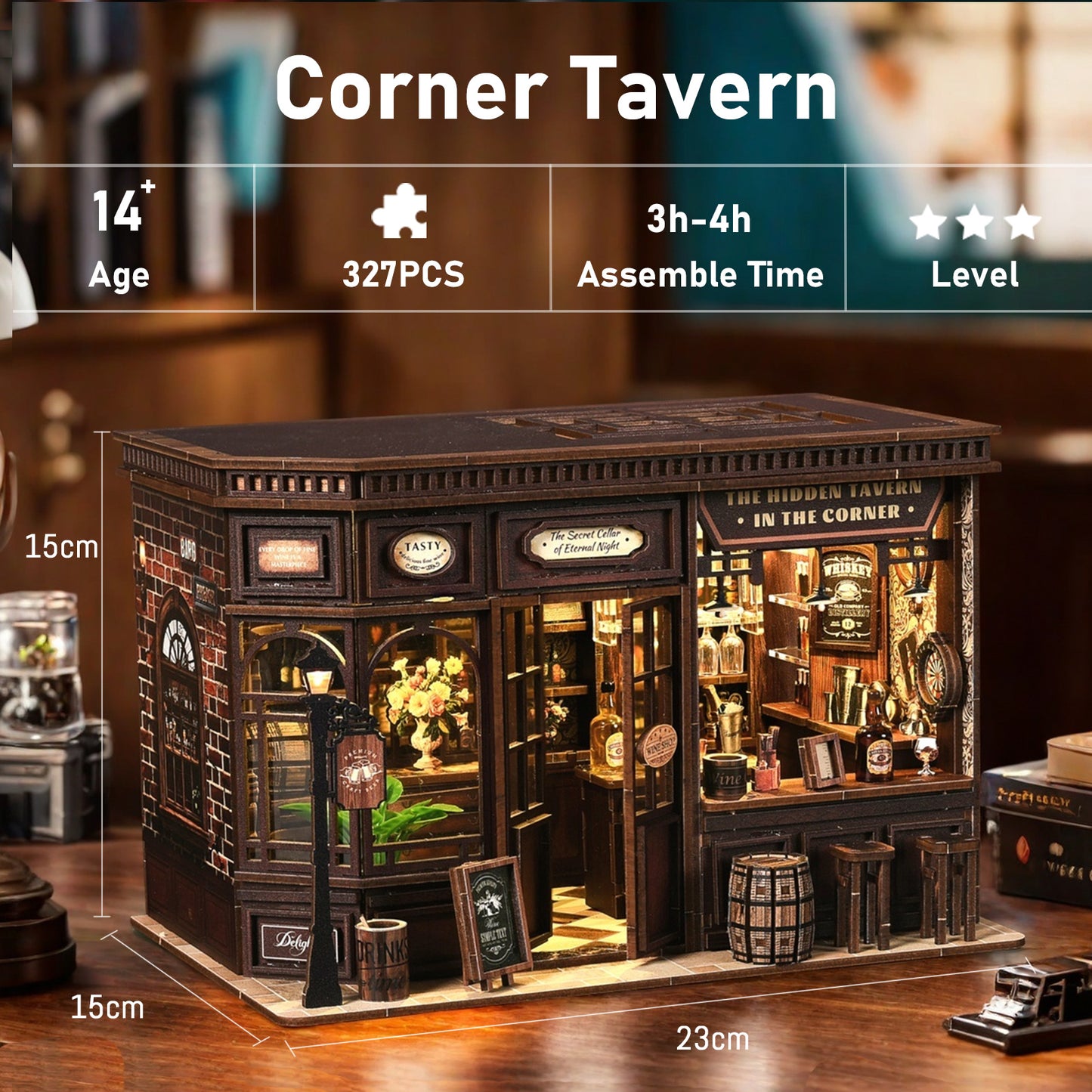 DIY Miniature Dollhouse Kit – Vintage Tavern Bar with LED Lights