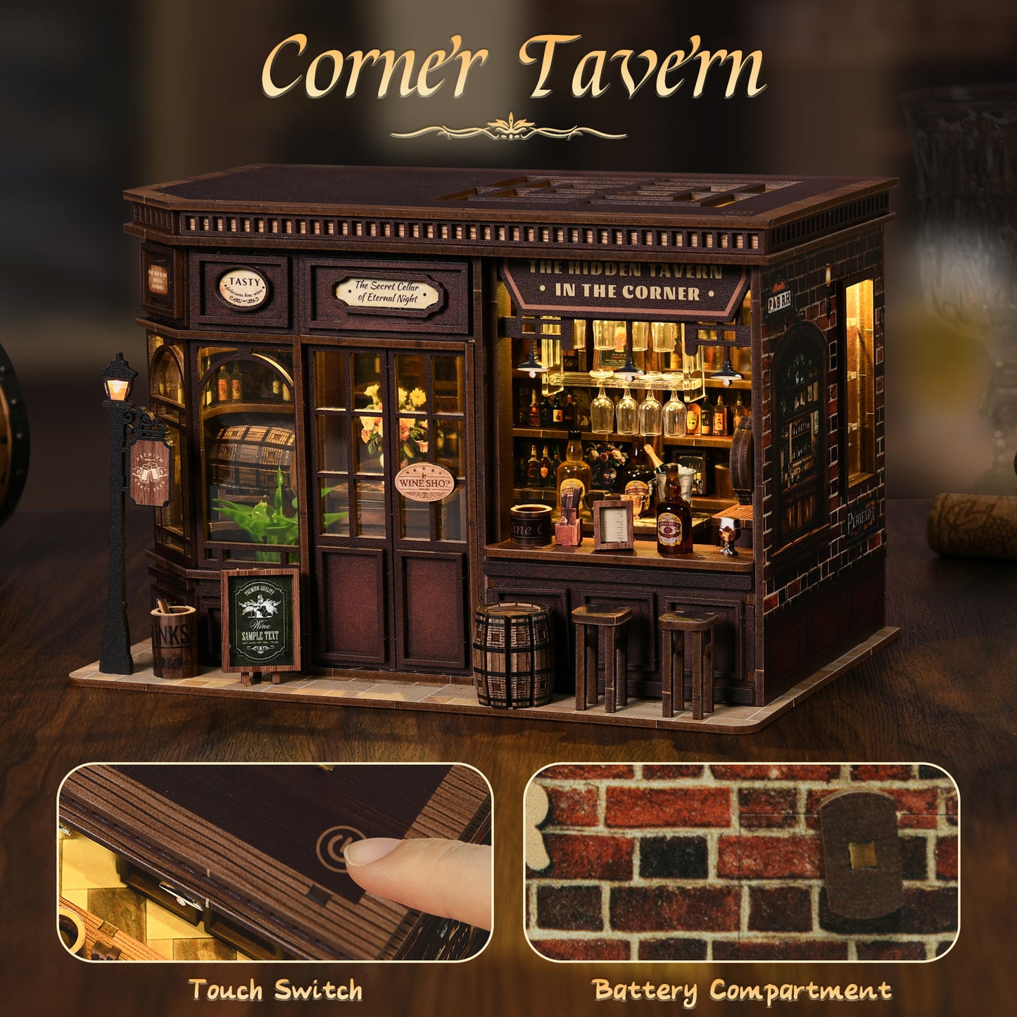 DIY Miniature Dollhouse Kit – Vintage Tavern Bar with LED Lights
