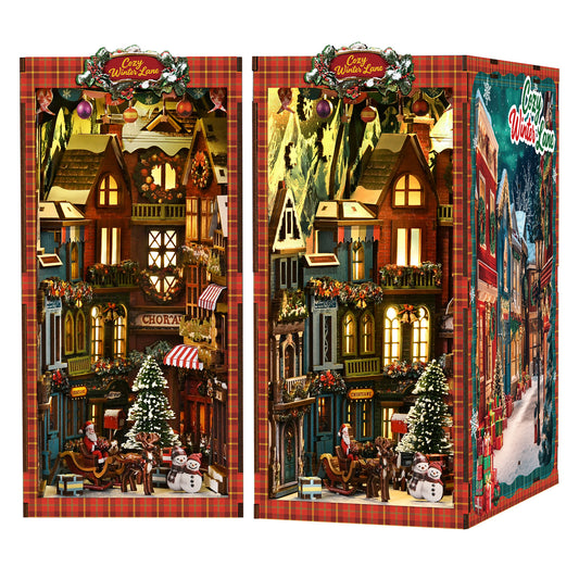 DIY Christmas Book Nook Kit – Cozy Winter Village Bookshelf Insert with LED Lights