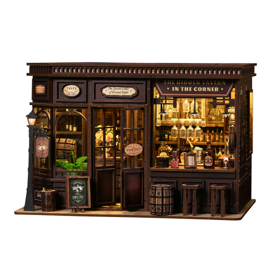 DIY Miniature Dollhouse Kit – Vintage Tavern Bar with LED Lights