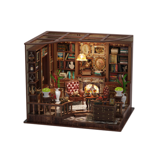 DIY Miniature Dollhouse Kit – Vintage Study Room with LED Lights