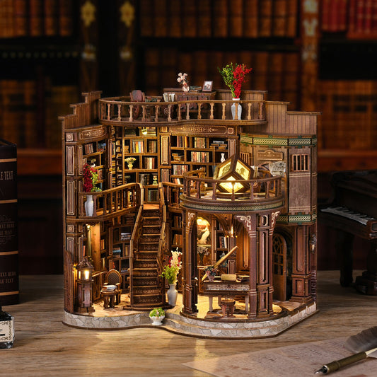 ※DIY Wooden Dollhouse Miniature Kit – Vintage Library with LED Lights