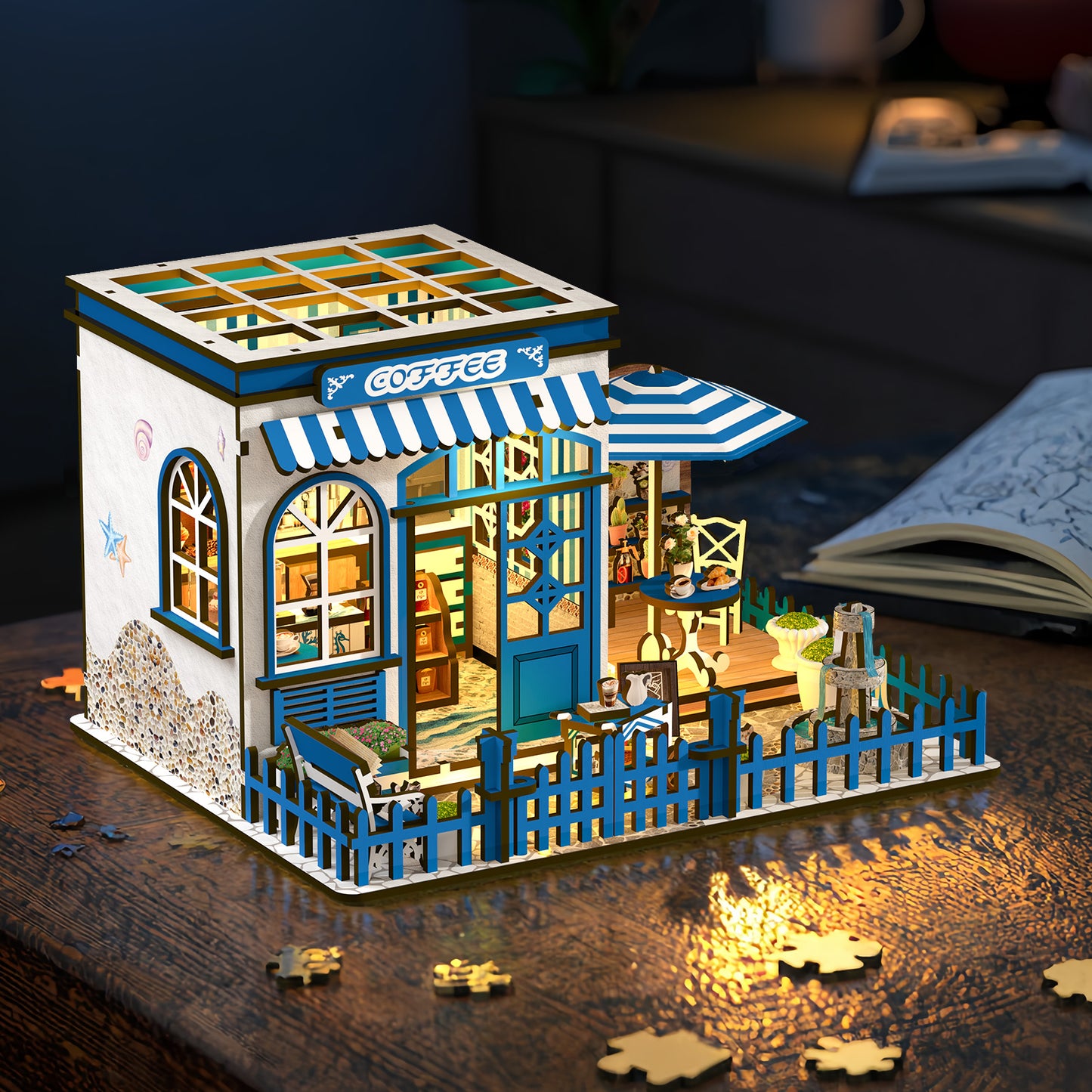 DIY Miniature Dollhouse Kit – Seaside Coffee Shop with LED Lights