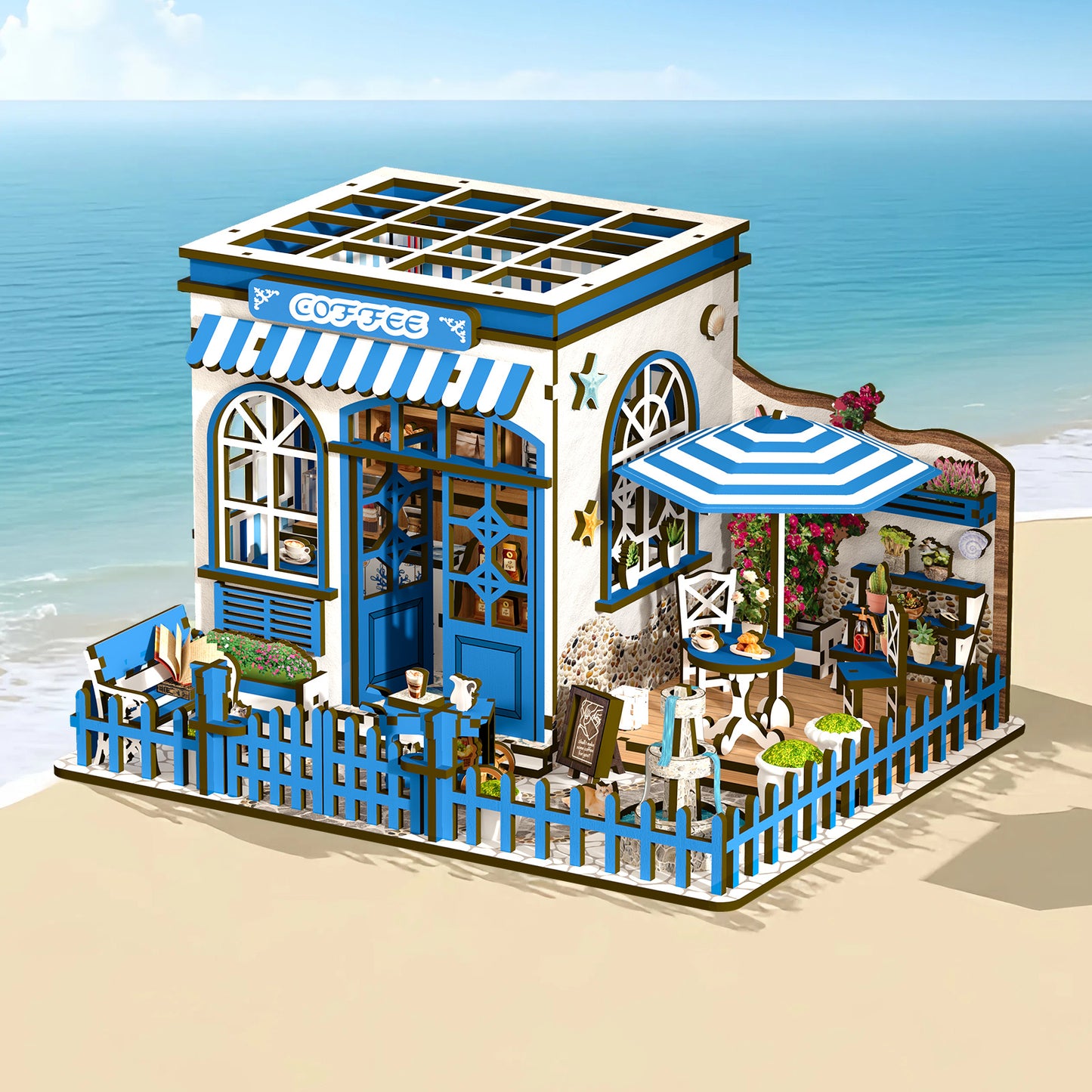 DIY Miniature Dollhouse Kit – Seaside Coffee Shop with LED Lights