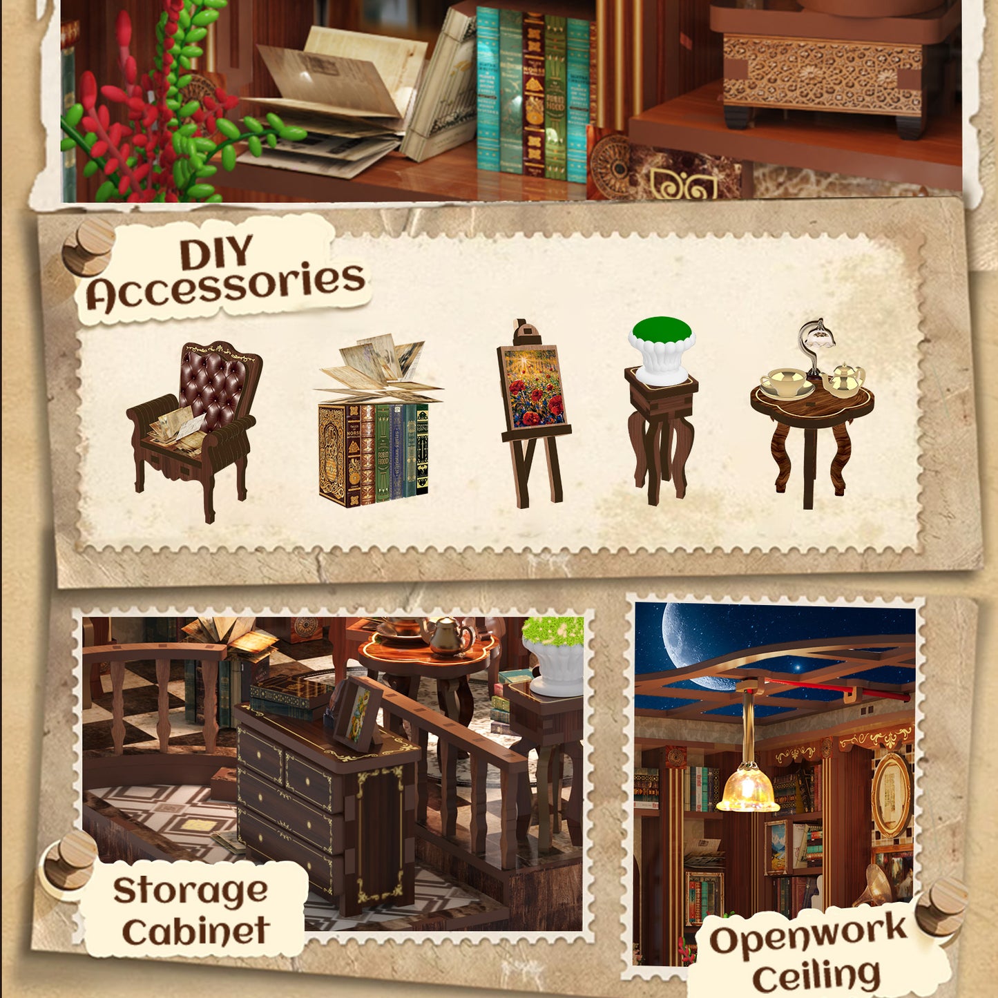 DIY Miniature Dollhouse Kit – Vintage Study Room with LED Lights