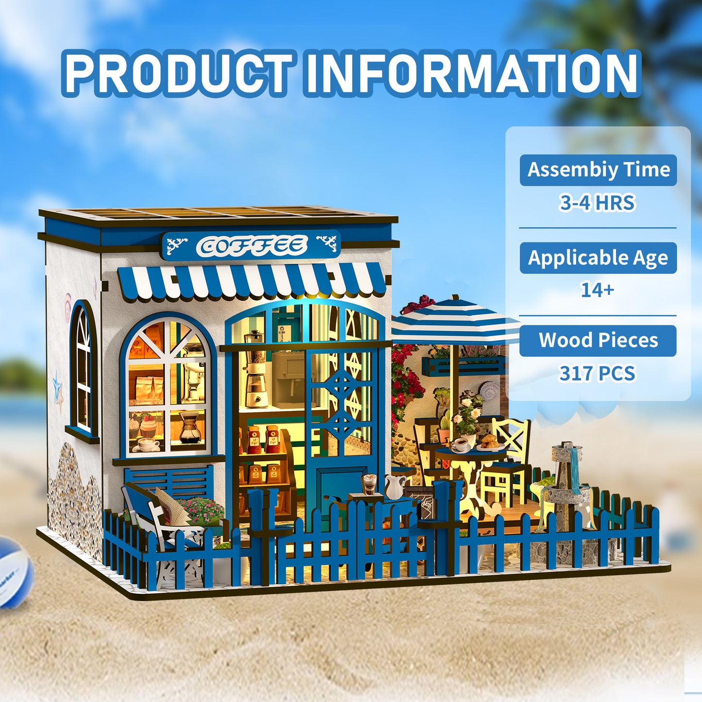 DIY Miniature Dollhouse Kit – Seaside Coffee Shop with LED Lights