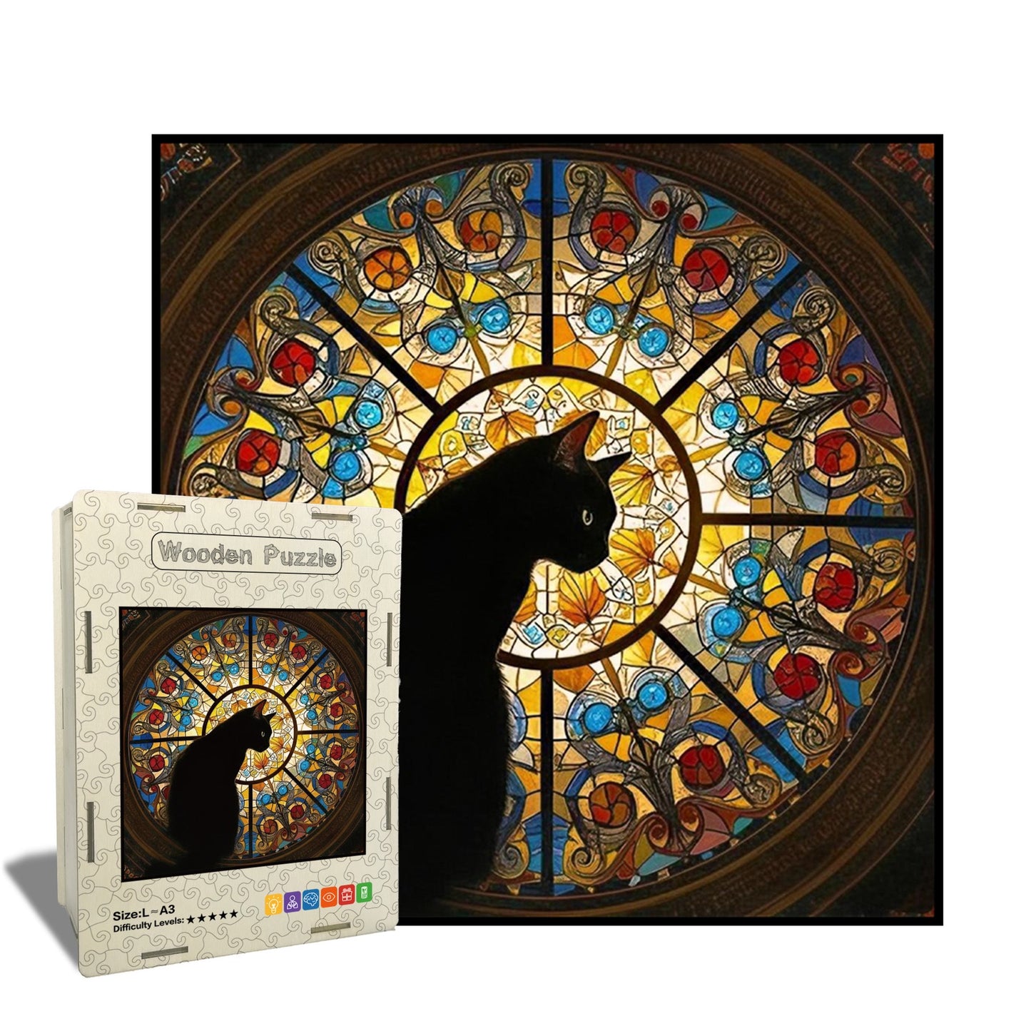 Stained Glass Cat Wooden Jigsaw Puzzle – Artistic Whimsy Puzzle for Adults