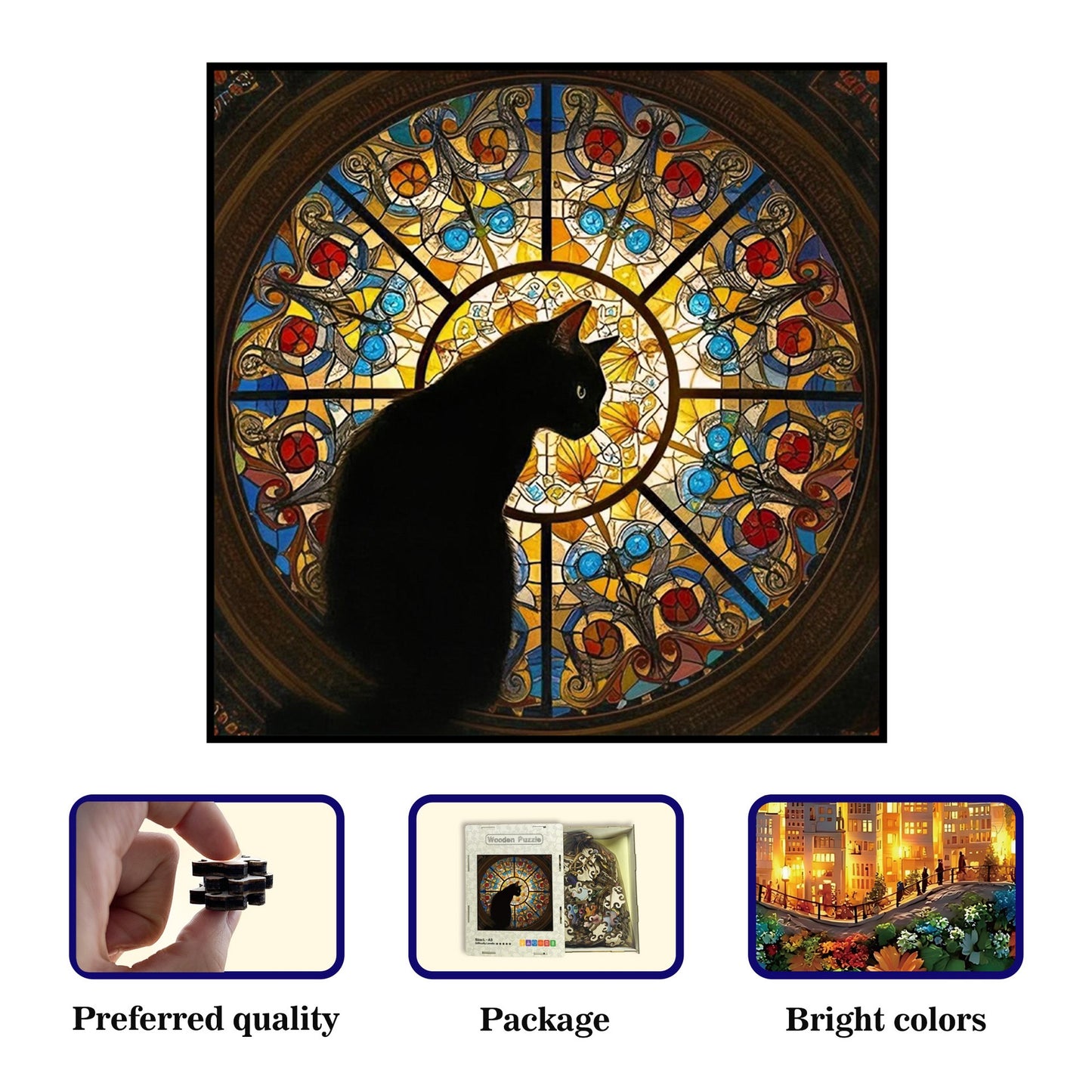 Stained Glass Cat Wooden Jigsaw Puzzle – Artistic Whimsy Puzzle for Adults